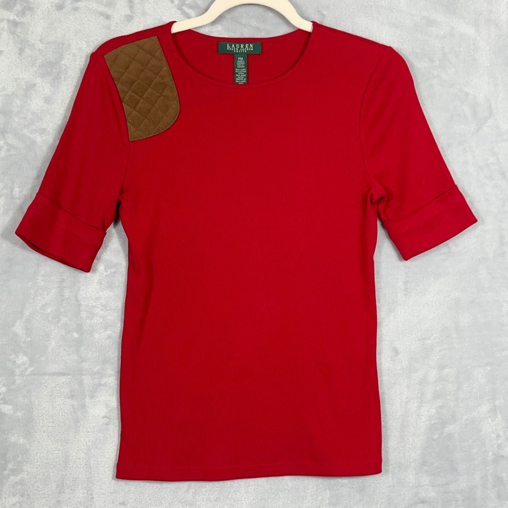 Lauren Ralph Lauren Womens Petite M Red Ribbed Knit Shoulder Patch Top Preppy